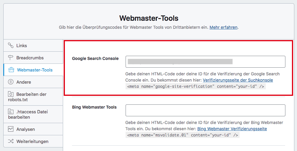 WordPress SEO-Plugin RankMath - Search Console Verifikationscode