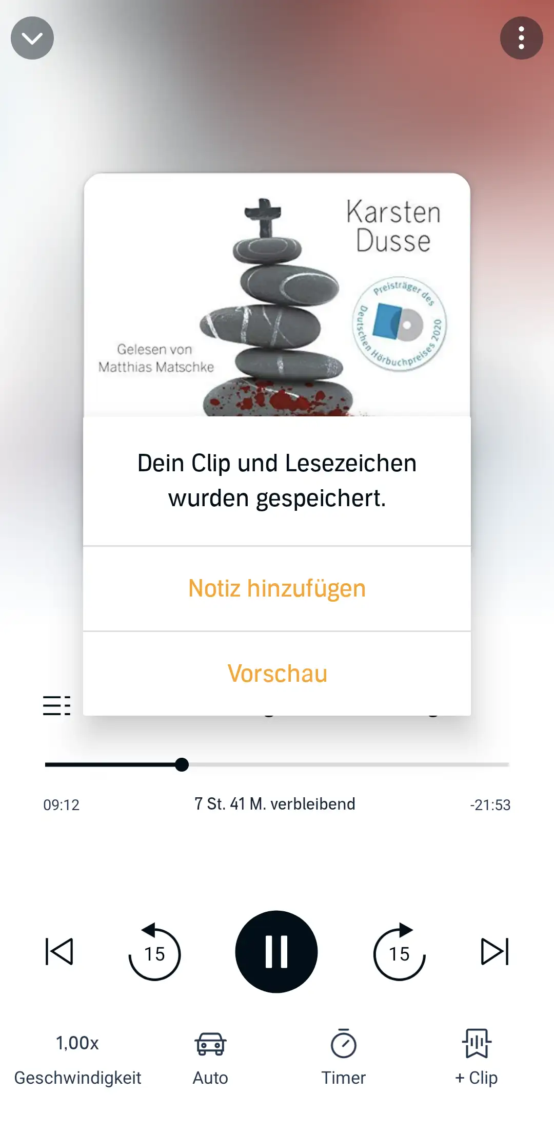 Audible App Player: Lesezeichen / Clip anlegen