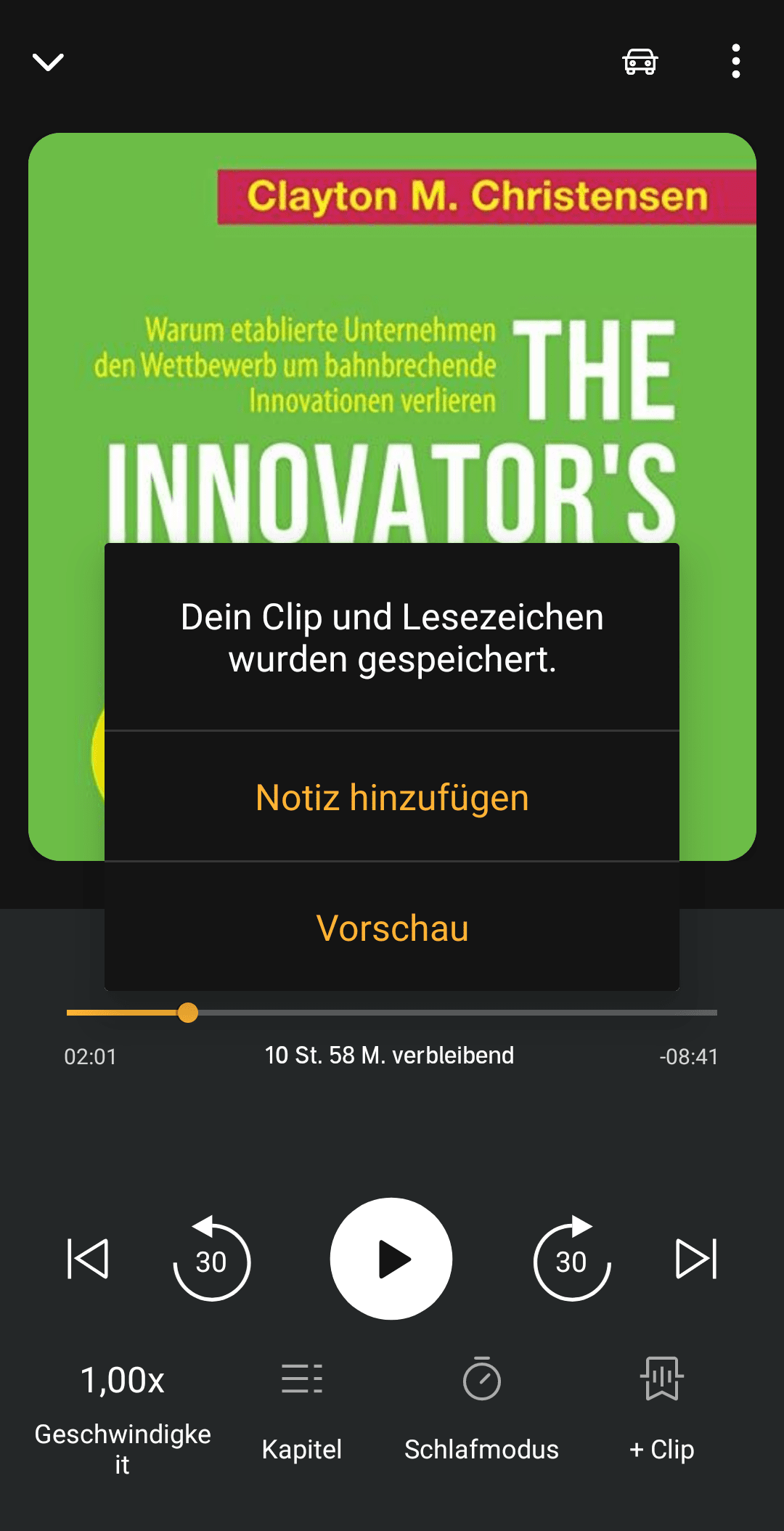 Audible App Player: Lesezeichen / Clip anlegen