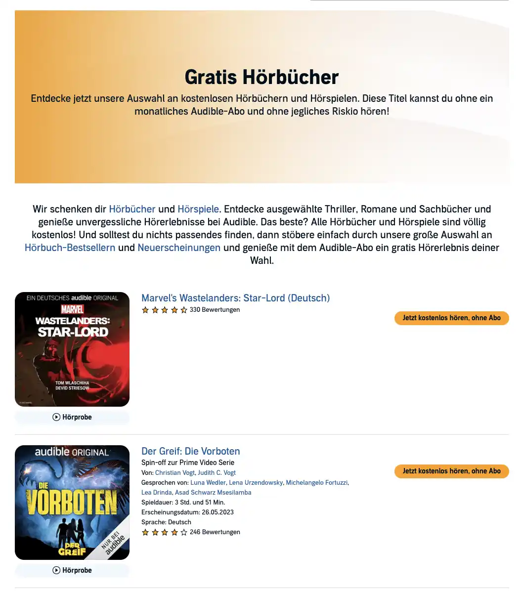 Audible: kostenlose Hörbücher / Auswahl mit gratis Titeln