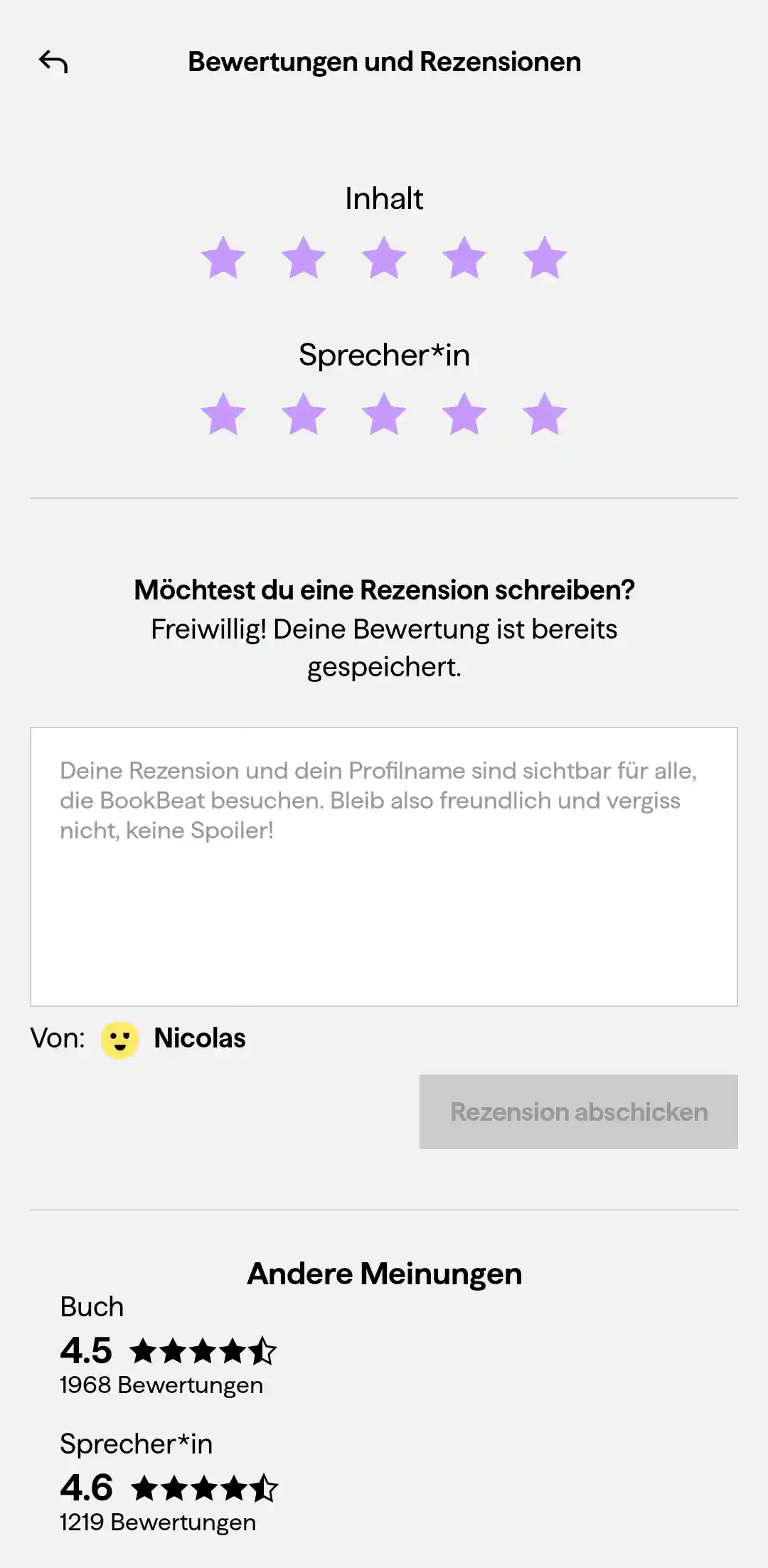 BookBeat App: Bewertungen für Inhalt & Sprecher ansehen / bearbeiten (2)