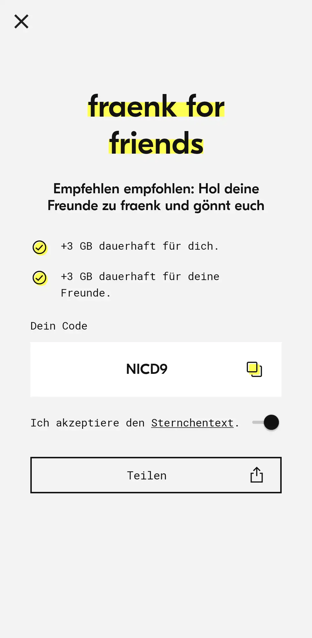 fraenk for friends - Code in der App (2)