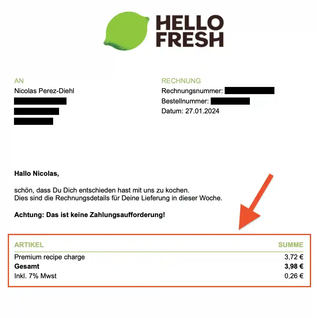 Hello Fresh: Premium Recipe Charge (separate Rechnung)