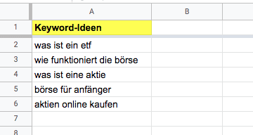keyword recherche excel tabelle brainstorming