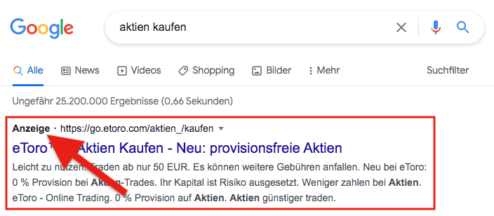 keyword eigenschaft: cost per click (cpc), google suchergebnisse