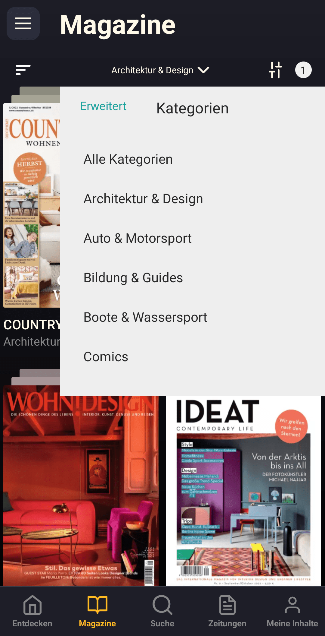 Readly App: Magazine und Zeitschriften durchstöbern - nach Kategorie filtern (Screenshot)