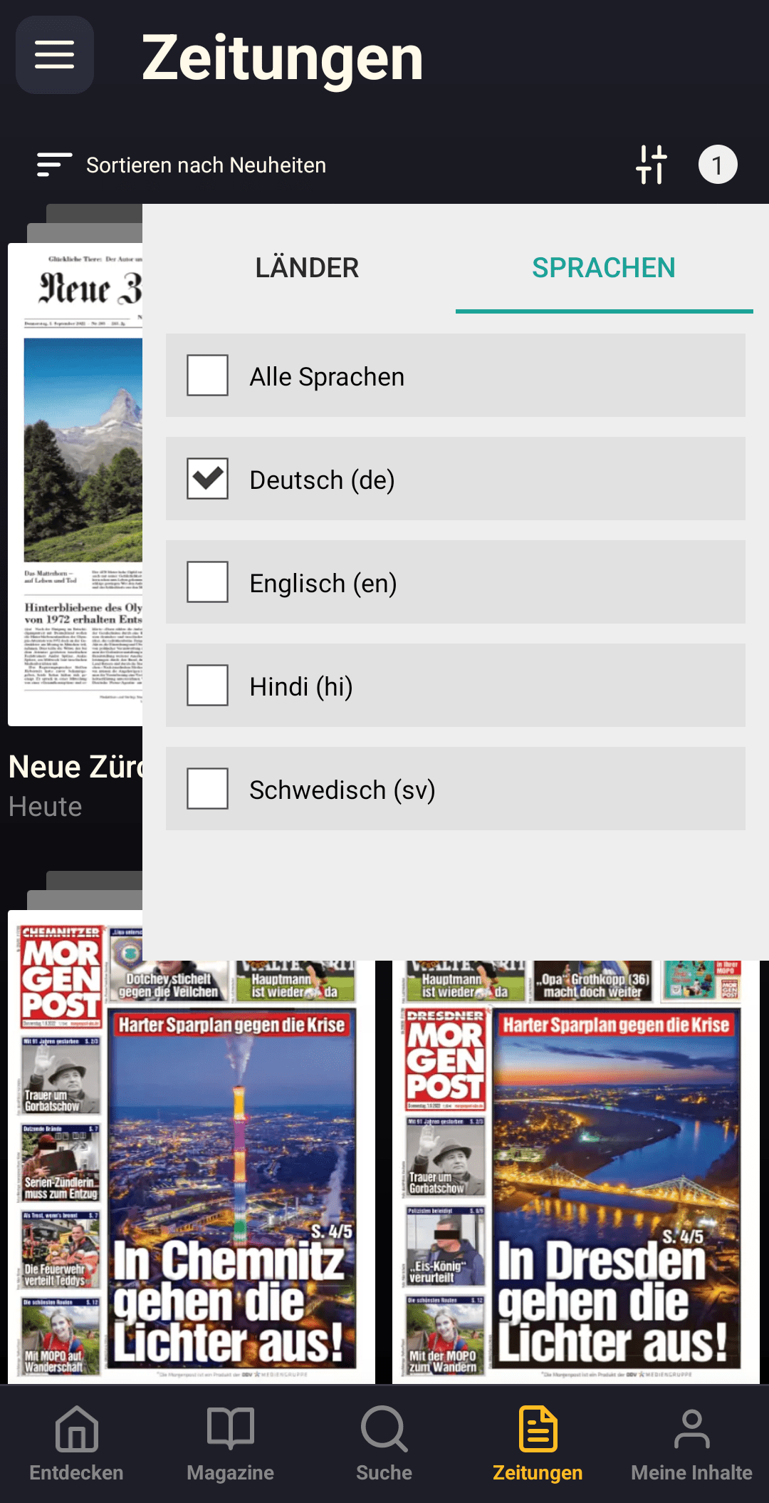 Readly App: Zeitungen durchstöbern - nach Sprache und Land filtern (Screenshot)