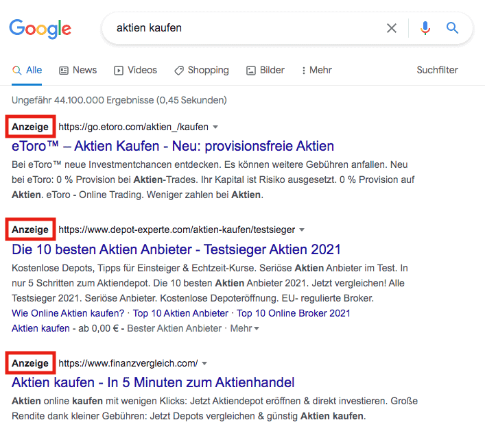 serp feature: bezahlte suchergebnisse (adwords)