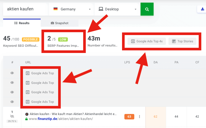 serp features im kwfinder 2