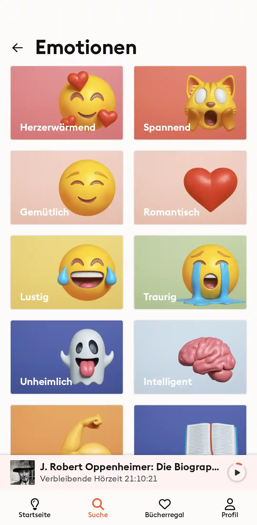 Storytel App: nach Emotionen filtern (Screenshot)