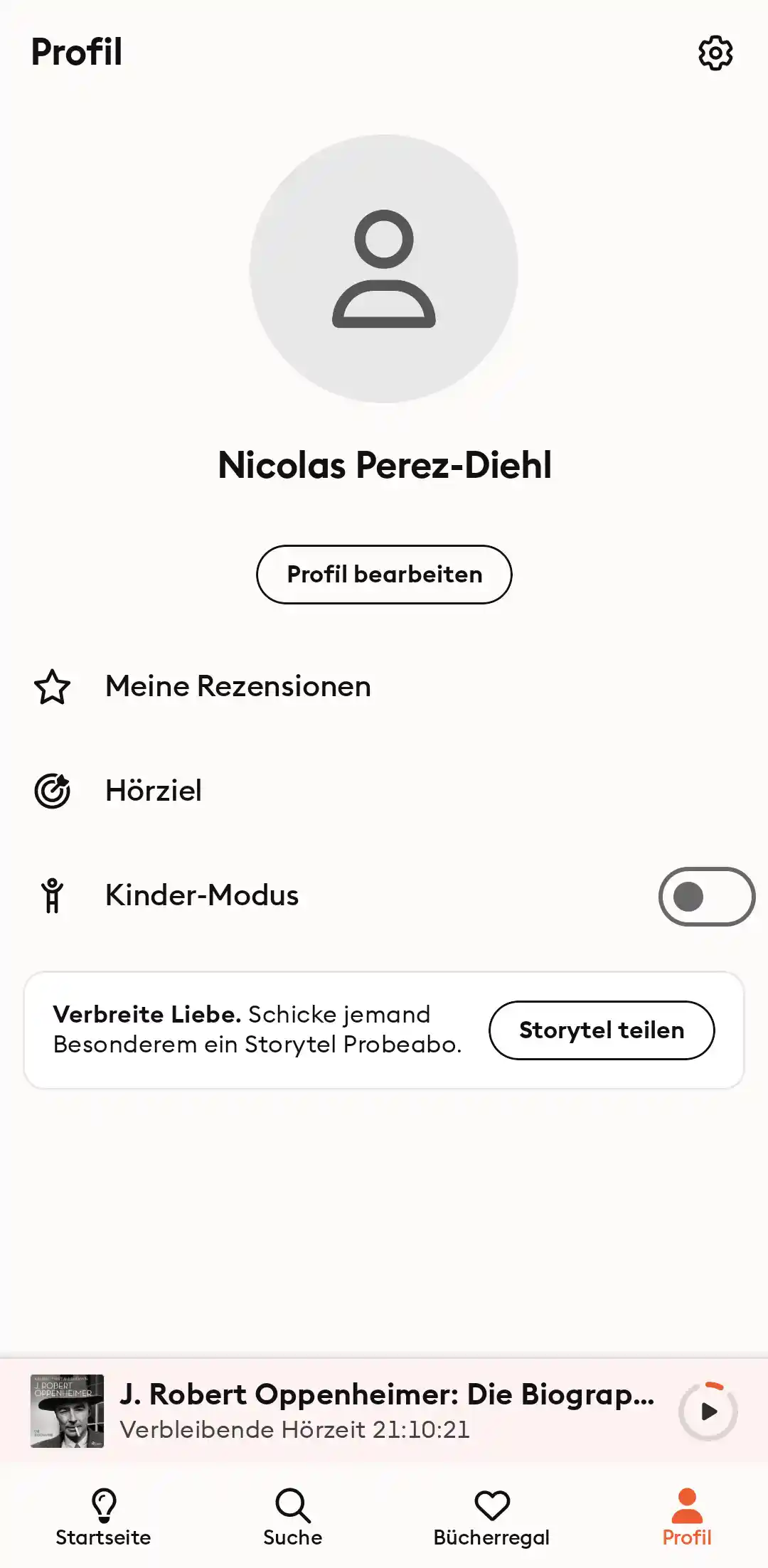 Storytel App: Profil / Einstellungen (Screenshot)