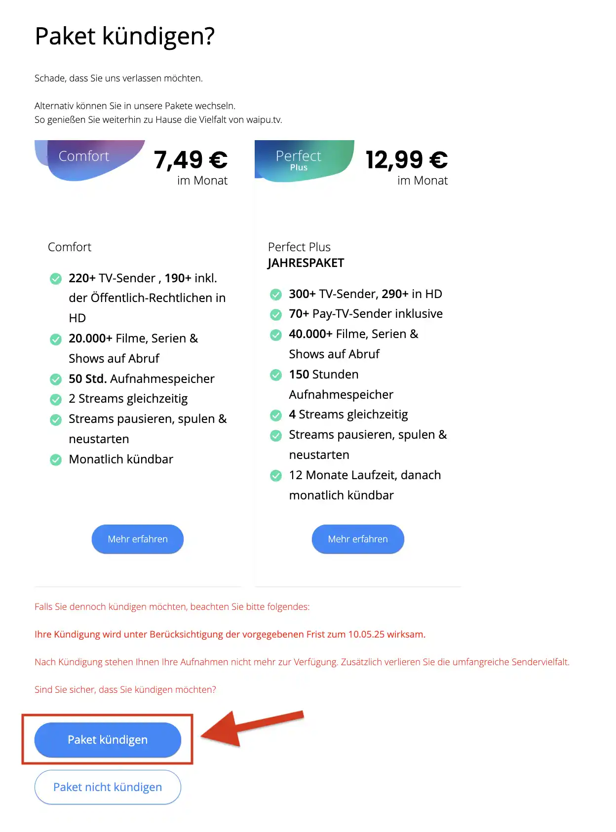 Waipu TV Paket kündigen / Kündigung (1)