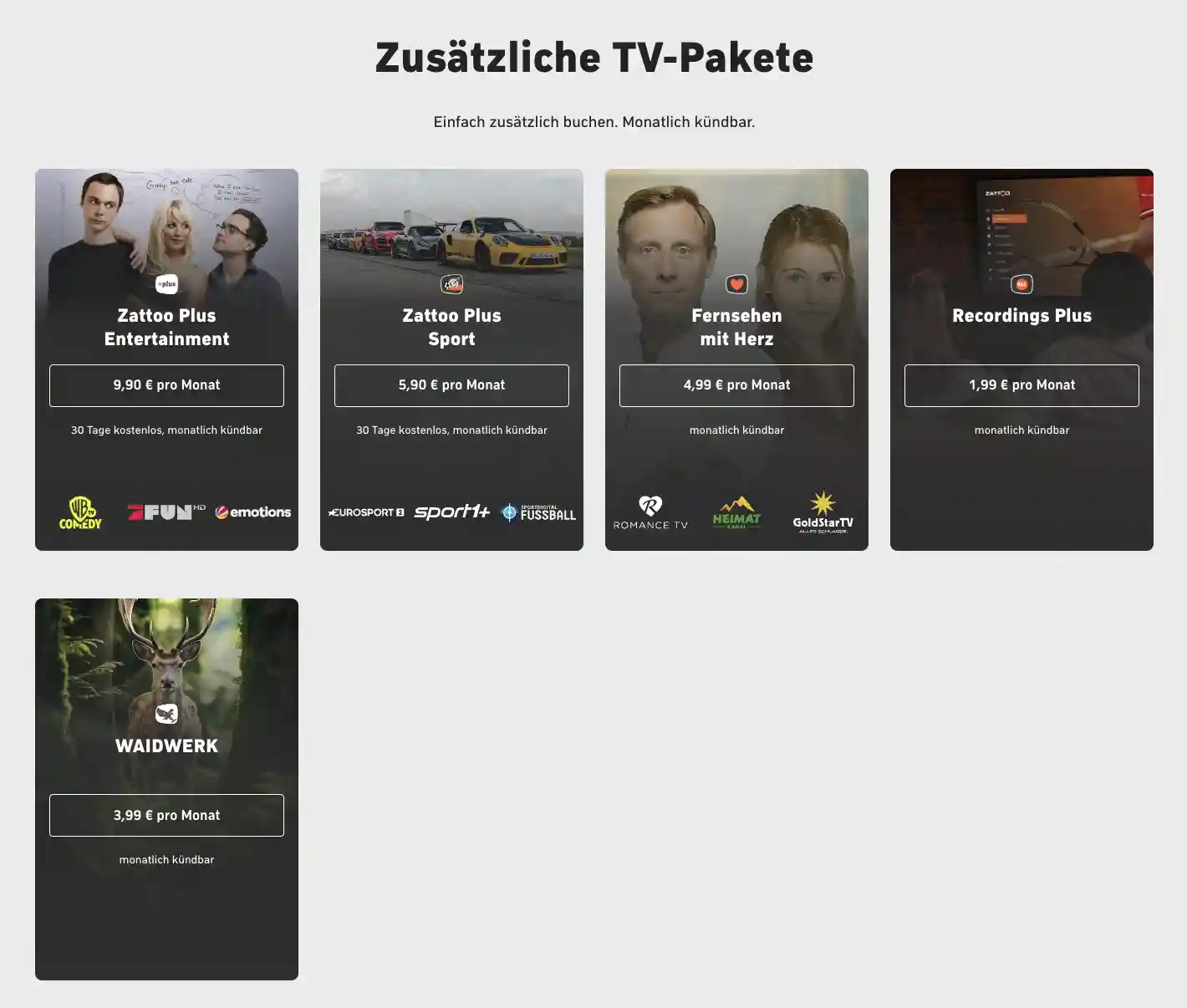 Zattoo: zusätzliche TV-Pakete aus dem Bereich Sport und Entertainment (Pay-TV)